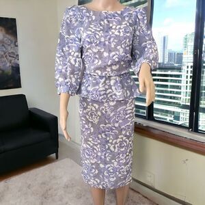 Vintage 80s Peplum Dress M Sheer Purple Floral Career Wiggle Knee‎ Length Flowy.